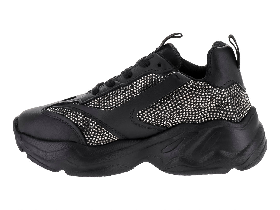 Tenis deportivos infantiles color negro con suela chunky y detalles en malla.