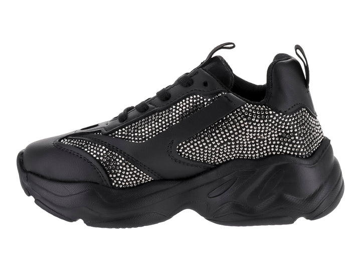 Tenis deportivos infantiles color negro con suela chunky y detalles en malla.