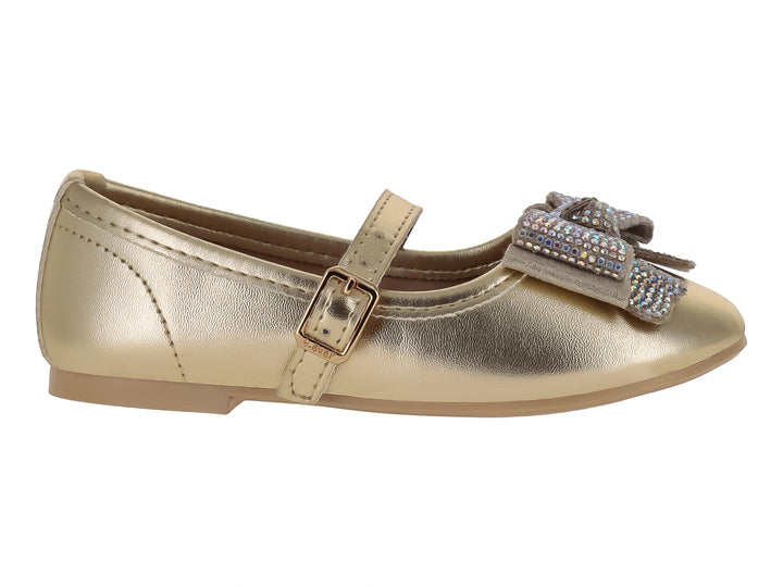 Zapato plano color oro para Niña con correa y moño decorado con brillantes.