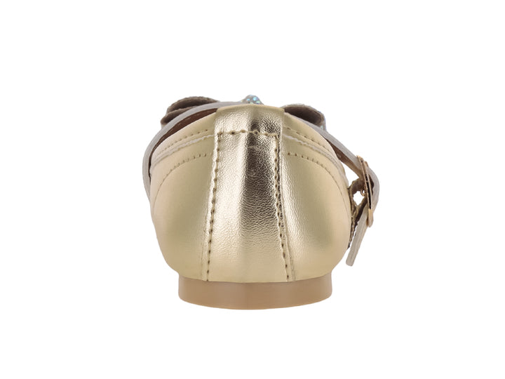 Zapato plano color oro para Niña con correa y moño decorado con brillantes.