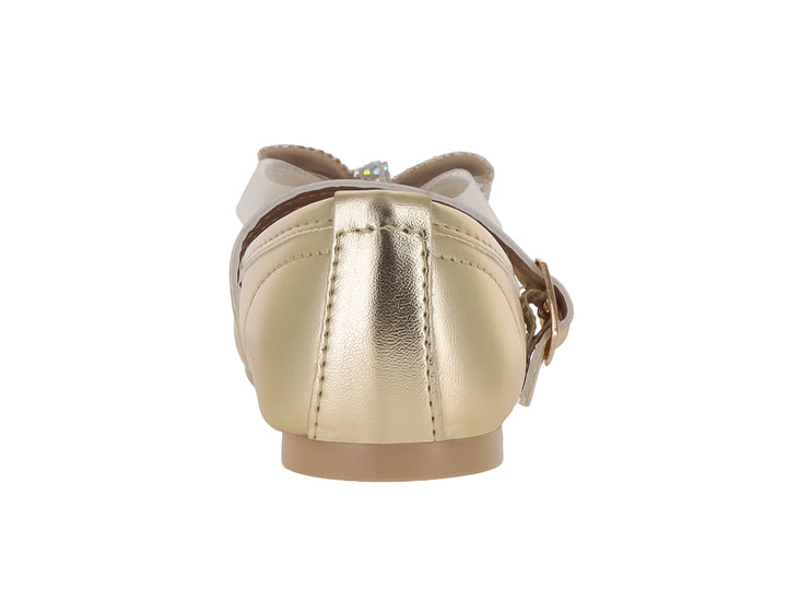 Zapato plano dorado para niña con correa, hebilla y un moño decorativo con pedrería en la punta.