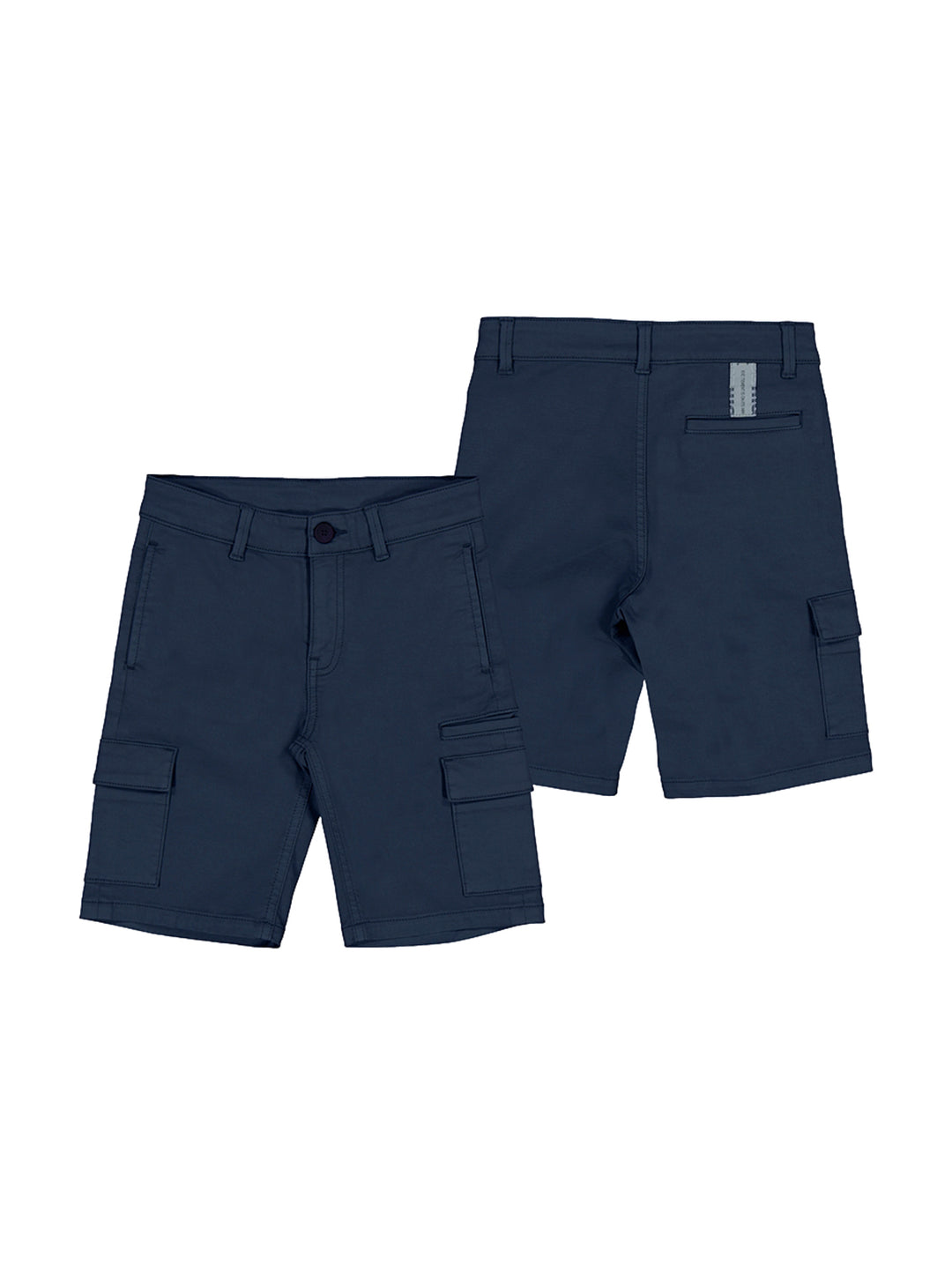 Bermudas color azul marino para niño con bolsillos laterales, vista frontal y posterior.
