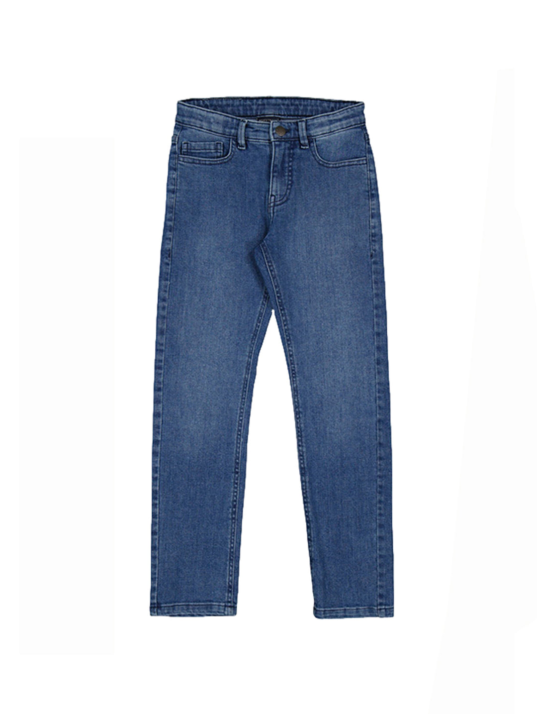 Pantalón tejano de mezclilla color azul medio, corte regular fit.