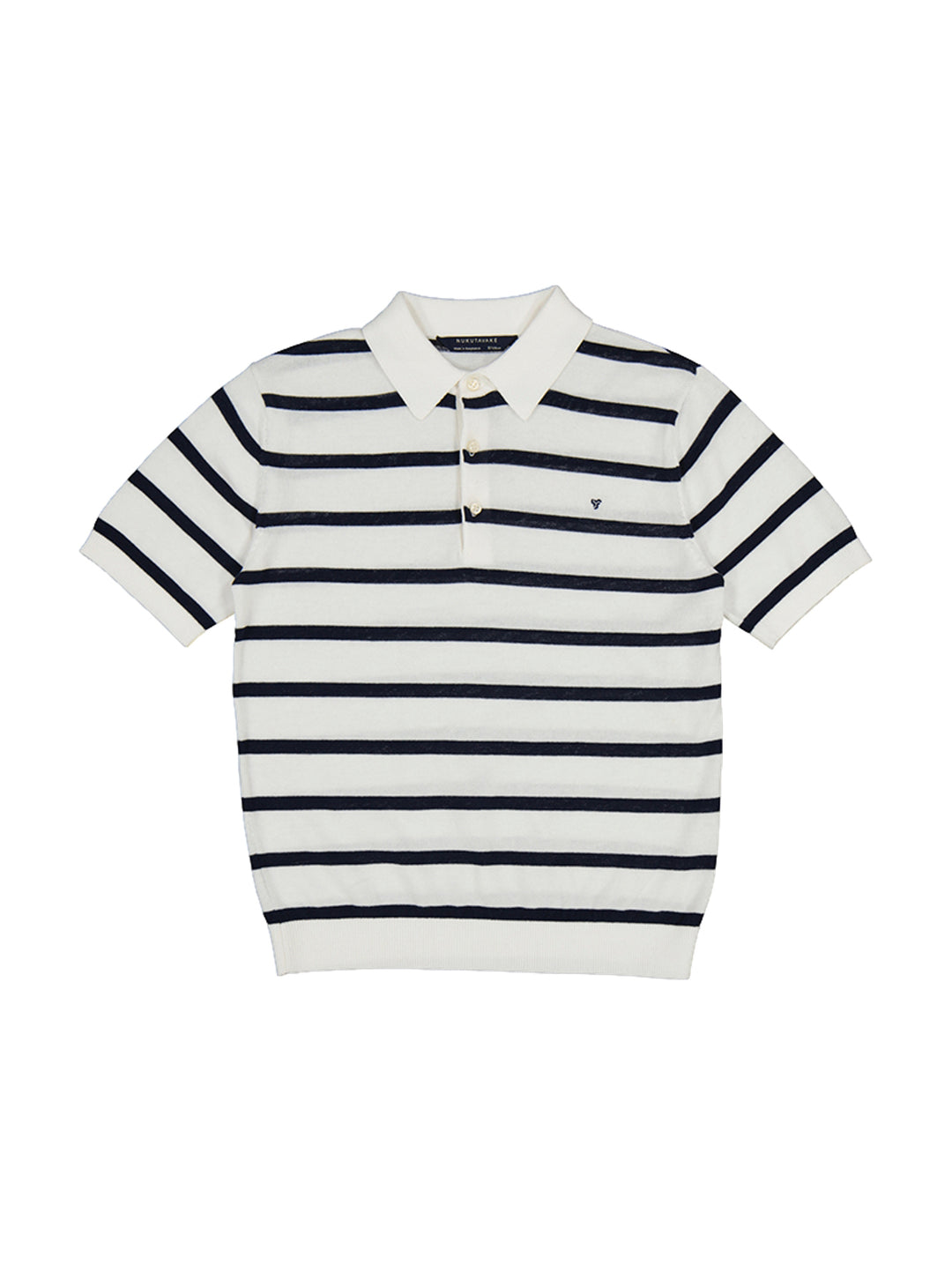 Playera polo para niño color nata con rayas horizontales marino, cuello y botones.