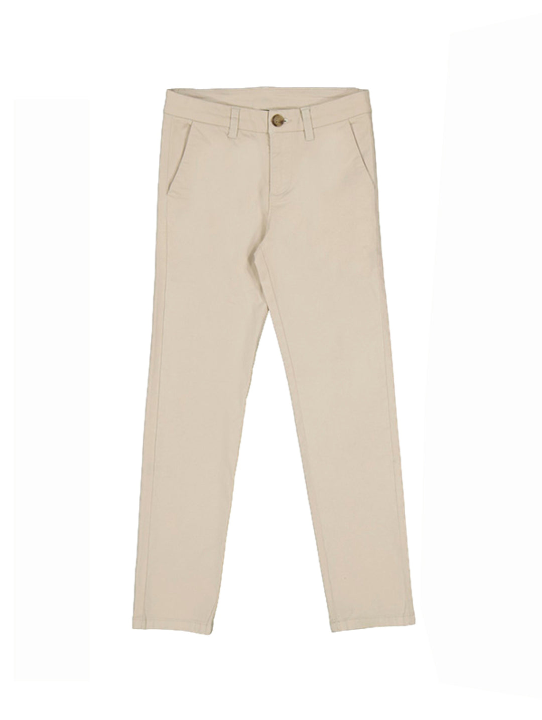 Pantalón chino básico para niño en color crema con corte recto y cierre de botón.