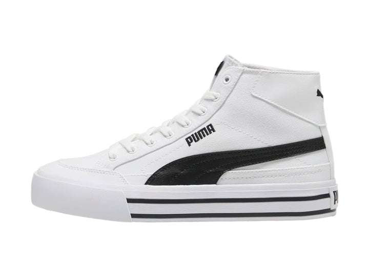 Tenis PUMA blancos de caña alta con franjas negras en la suela.