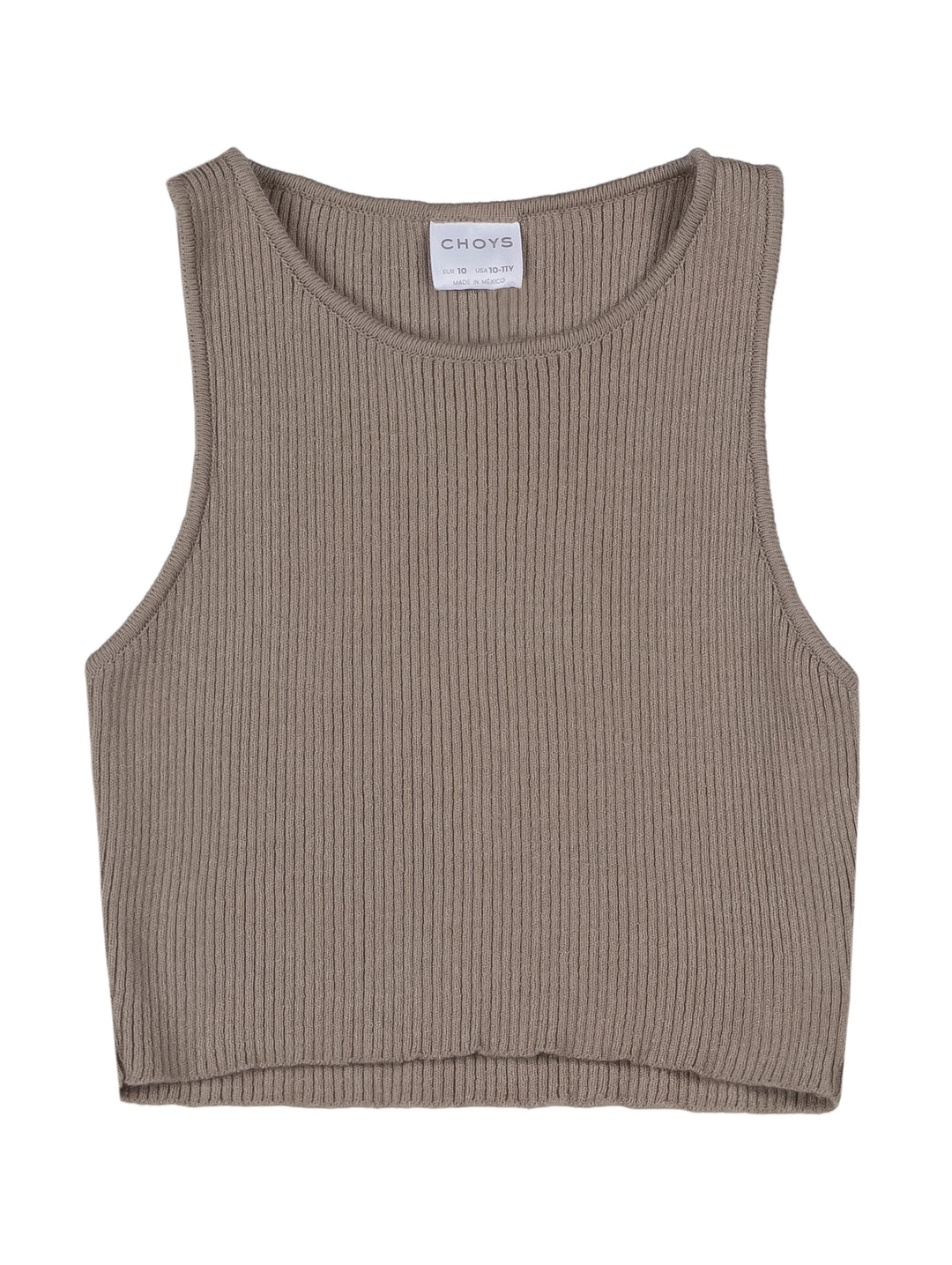 Blusa beige sin mangas para niña con textura acanalada.