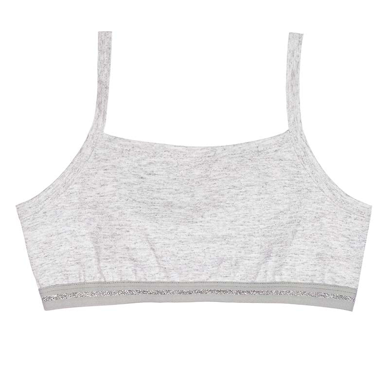 Corpiño gris jaspeado para niña con tirantes y detalle brillante en la base.