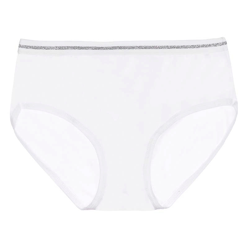 Pantaleta básica para niña en color blanco con una banda plateada brillante en la cintura.