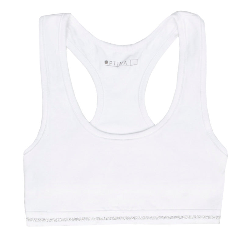 Top interior blanco para niña con detalle brillante en el borde inferior.