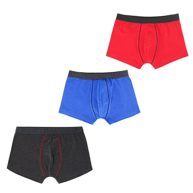 Paquete de 3 calzoncillos bóxer cortos para niño en colores rojo, azul y gris con cintura negra.