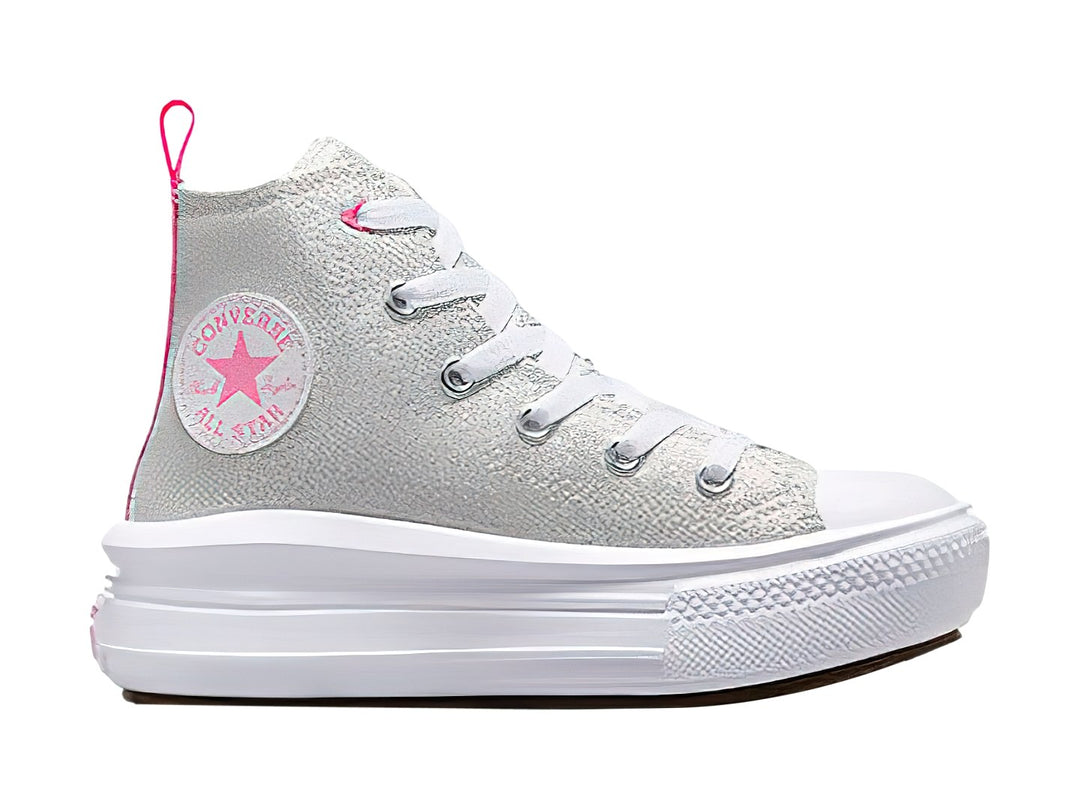 Tenis Converse Chuck Taylor All Star Move HI color gris con suela blanca de plataforma y detalles en rosa.