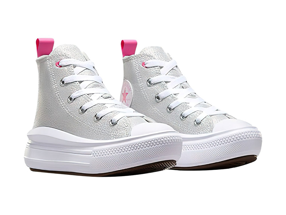 Tenis Converse Chuck Taylor All Star Move HI color gris con suela blanca de plataforma y detalles en rosa.