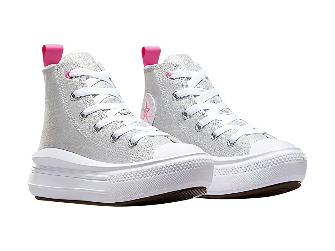 Tenis Converse Chuck Taylor All Star Move HI color gris con suela blanca de plataforma y detalles en rosa.