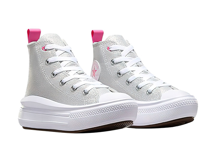 Tenis Converse Chuck Taylor All Star Move HI color gris con suela blanca de plataforma y detalles en rosa.