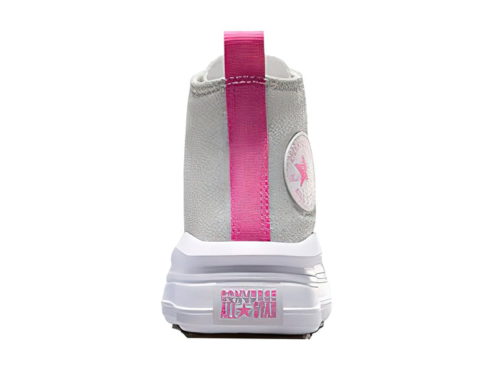 Tenis Converse Chuck Taylor All Star Move HI color gris con suela blanca de plataforma y detalles en rosa.