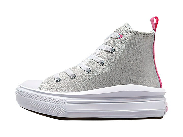 Tenis Converse Chuck Taylor All Star Move HI color gris con suela blanca de plataforma y detalles en rosa.