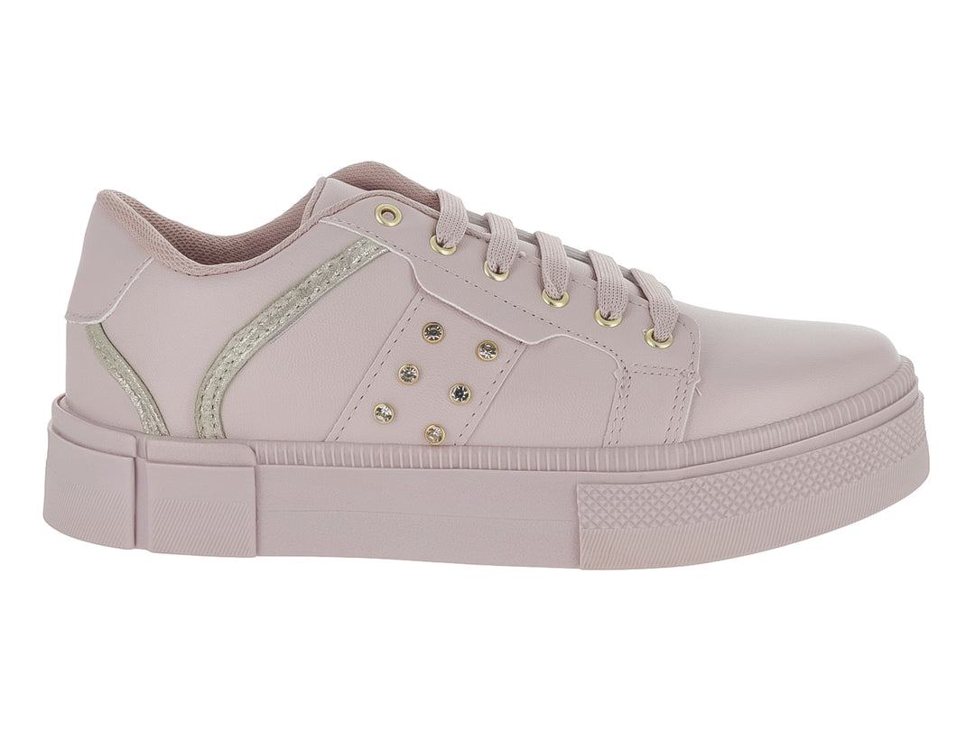 Tenis casuales color maquillaje para mujer con suela de plataforma y detalles decorativos dorados en el lateral.