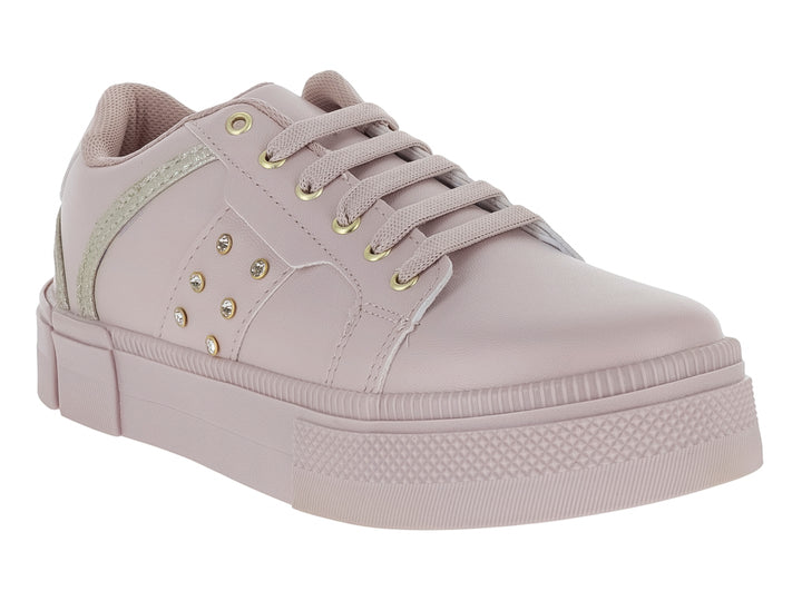 Tenis casuales color maquillaje para mujer con suela de plataforma y detalles decorativos dorados en el lateral.