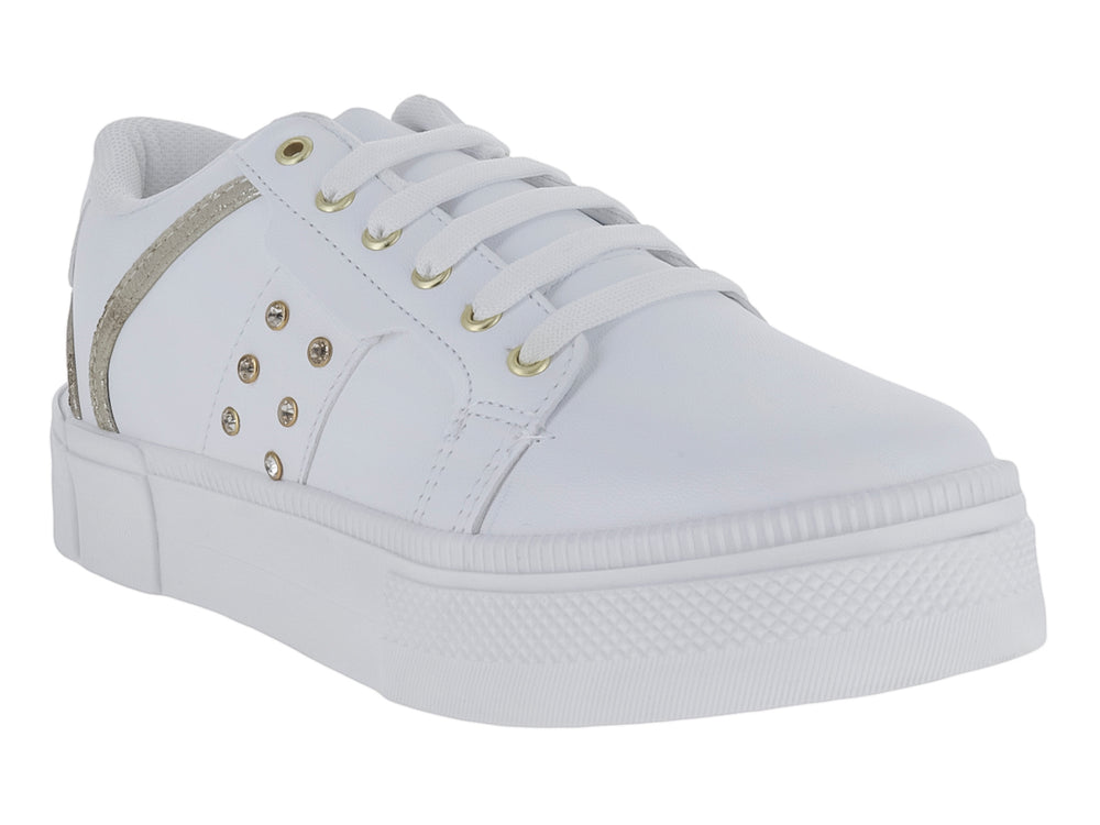 Tenis blancos de plataforma para Mujer con detalles brillantes y estoperoles dorados laterales.