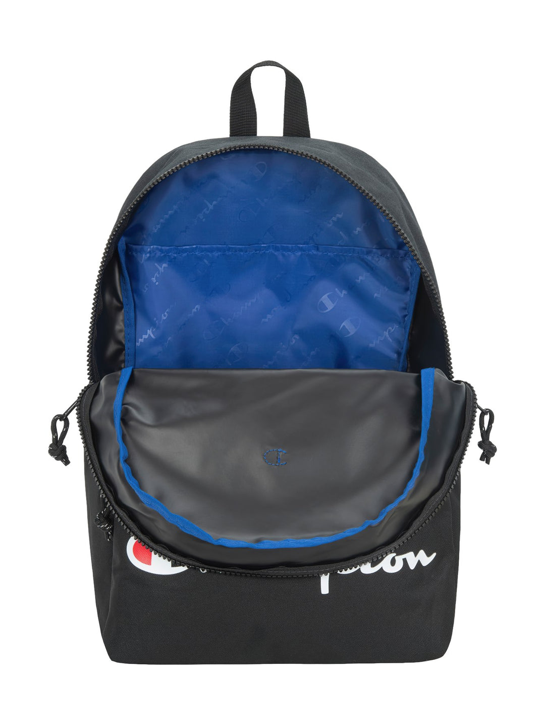 Mochila deportiva color negro de la marca Champion con logotipo blanco en el bolsillo frontal y logo pequeño arriba.