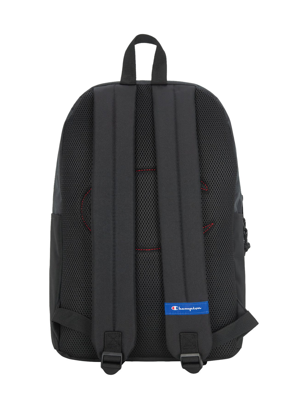 Mochila deportiva color negro de la marca Champion con logotipo blanco en el bolsillo frontal y logo pequeño arriba.