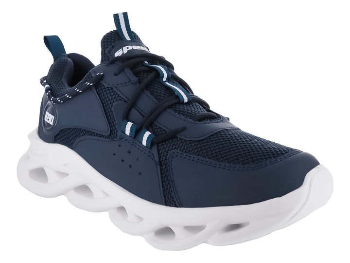 Tenis deportivos color azul marino con suela blanca gruesa y diseño esculpido.