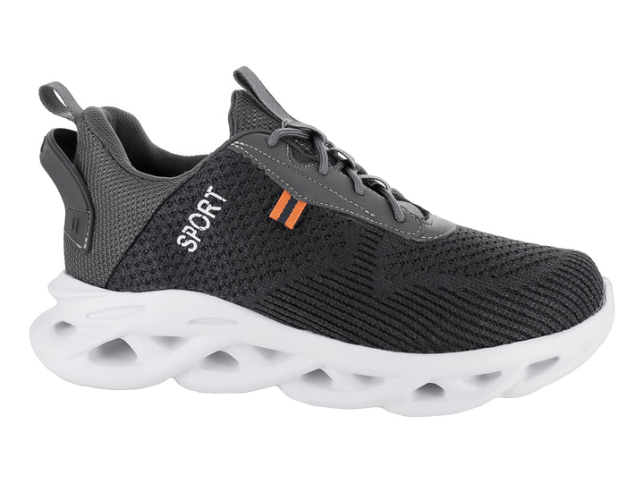 Tenis deportivos Andrax en color gris oxford con suela blanca gruesa y detalles en naranja.