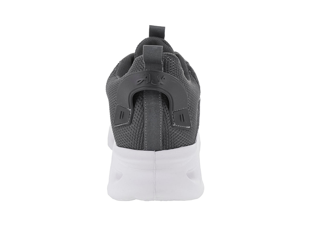Tenis deportivos Andrax en color gris oxford con suela blanca gruesa y detalles en naranja.