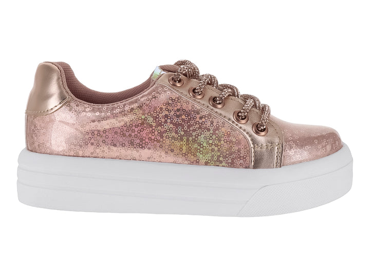 Tenis para niña color oro rosado metálico con suela blanca de plataforma.