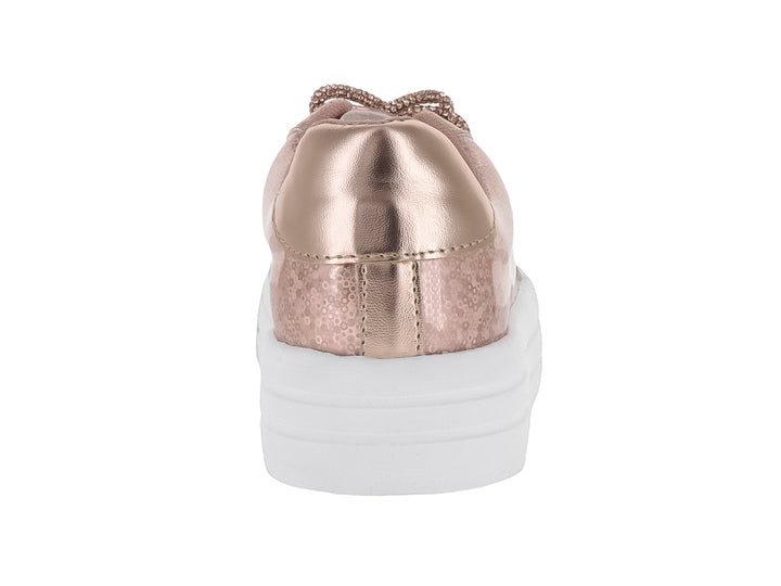 Tenis para niña color oro rosado metálico con suela blanca de plataforma.