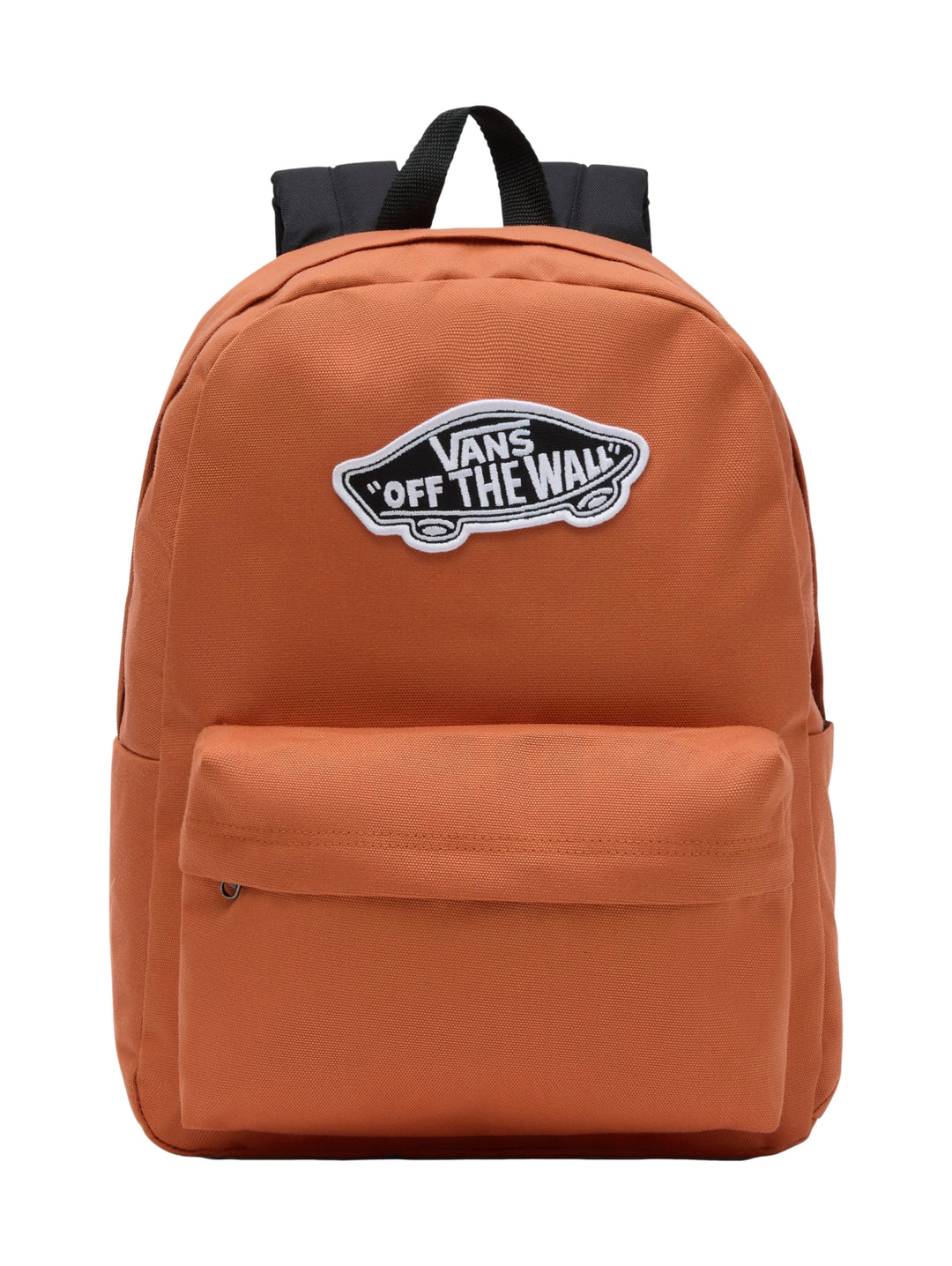 Mochila escolar Vans color naranja marrón con bolsillo frontal y correas negras.