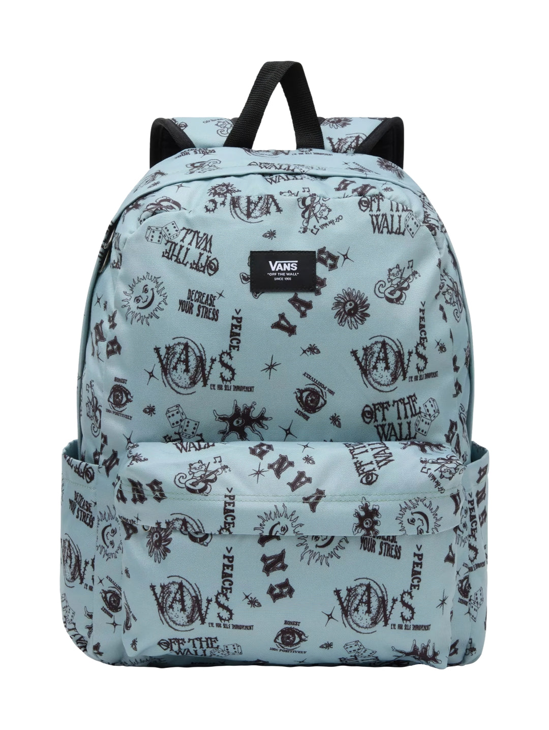 Mochila Vans color verde iceberg con estampado de letras y gráficos negros en toda la superficie.