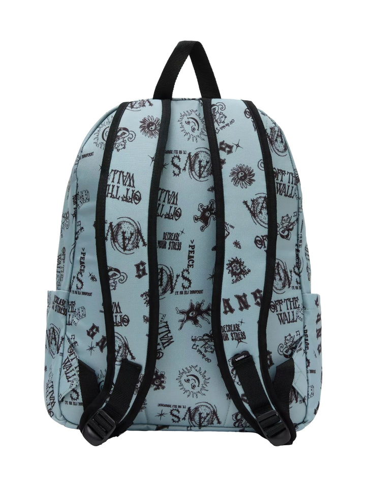Mochila Vans color verde iceberg con estampado de letras y gráficos negros en toda la superficie.