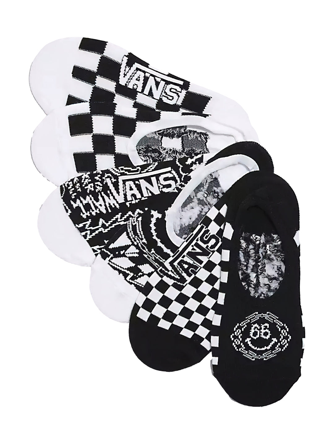 Set de 5 calcetines VANS en colores blanco y negro con patrones de cuadros y gráficos.