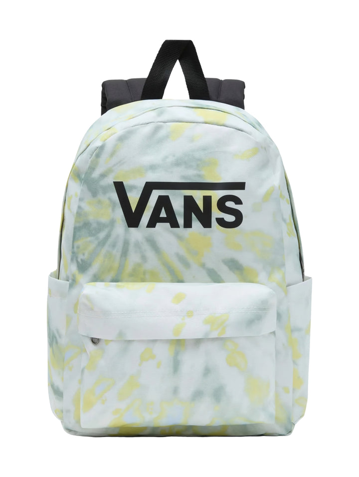 Mochila escolar VANS con estampado tie-dye en tonos verde iceberg y amarillo, con logotipo negro al frente.