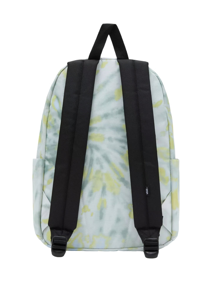Mochila escolar VANS con estampado tie-dye en tonos verde iceberg y amarillo, con logotipo negro al frente.