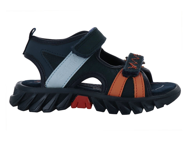 Sandalia infantil color marino con detalles en naranja y azul claro, suela dentada y cierre de velcro.