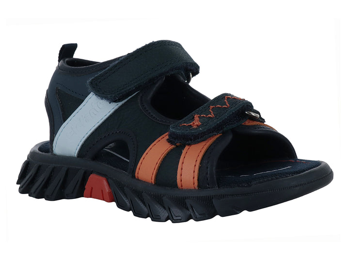Sandalia infantil color marino con detalles en naranja y azul claro, suela dentada y cierre de velcro.
