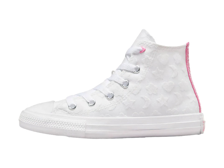 Tenis Converse blancos de bota con una estrella rosa brillante en el lateral.