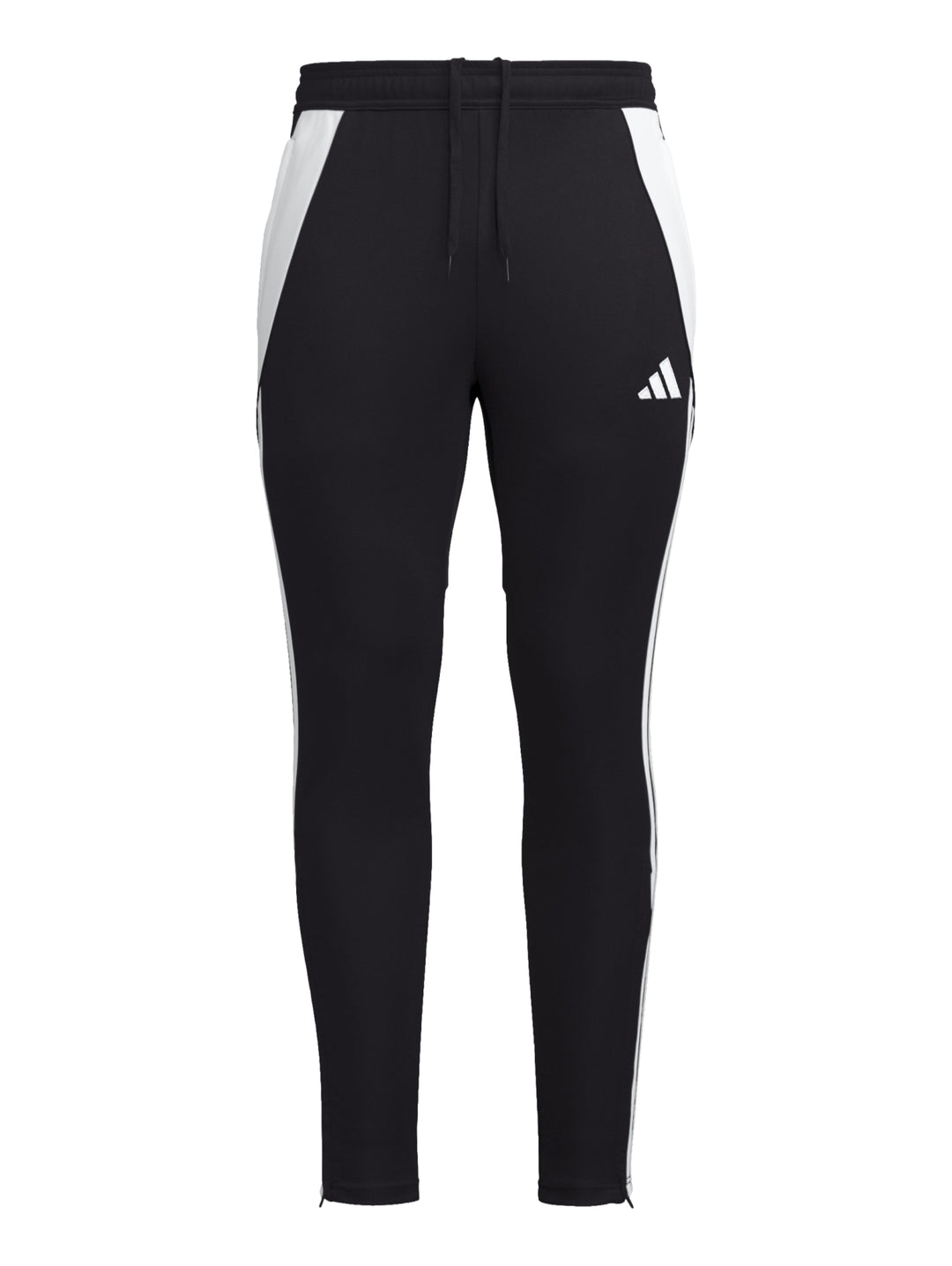 Pantalón deportivo Adidas Tiro 24 en color negro con detalles y franjas laterales en blanco.
