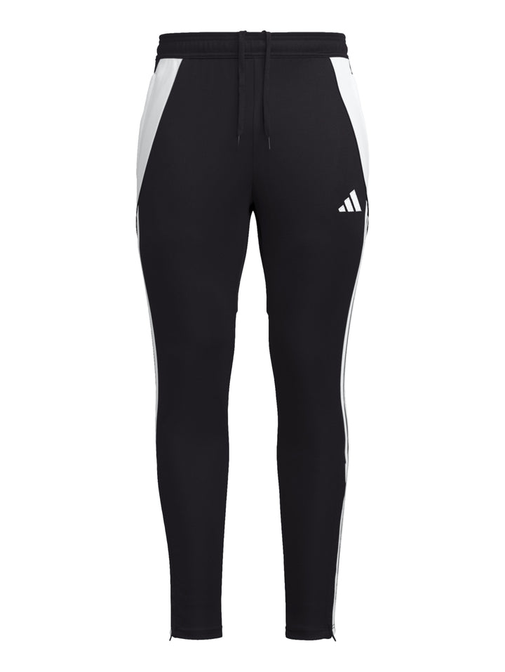 Pantalón deportivo Adidas Tiro 24 en color negro con detalles y franjas laterales en blanco.