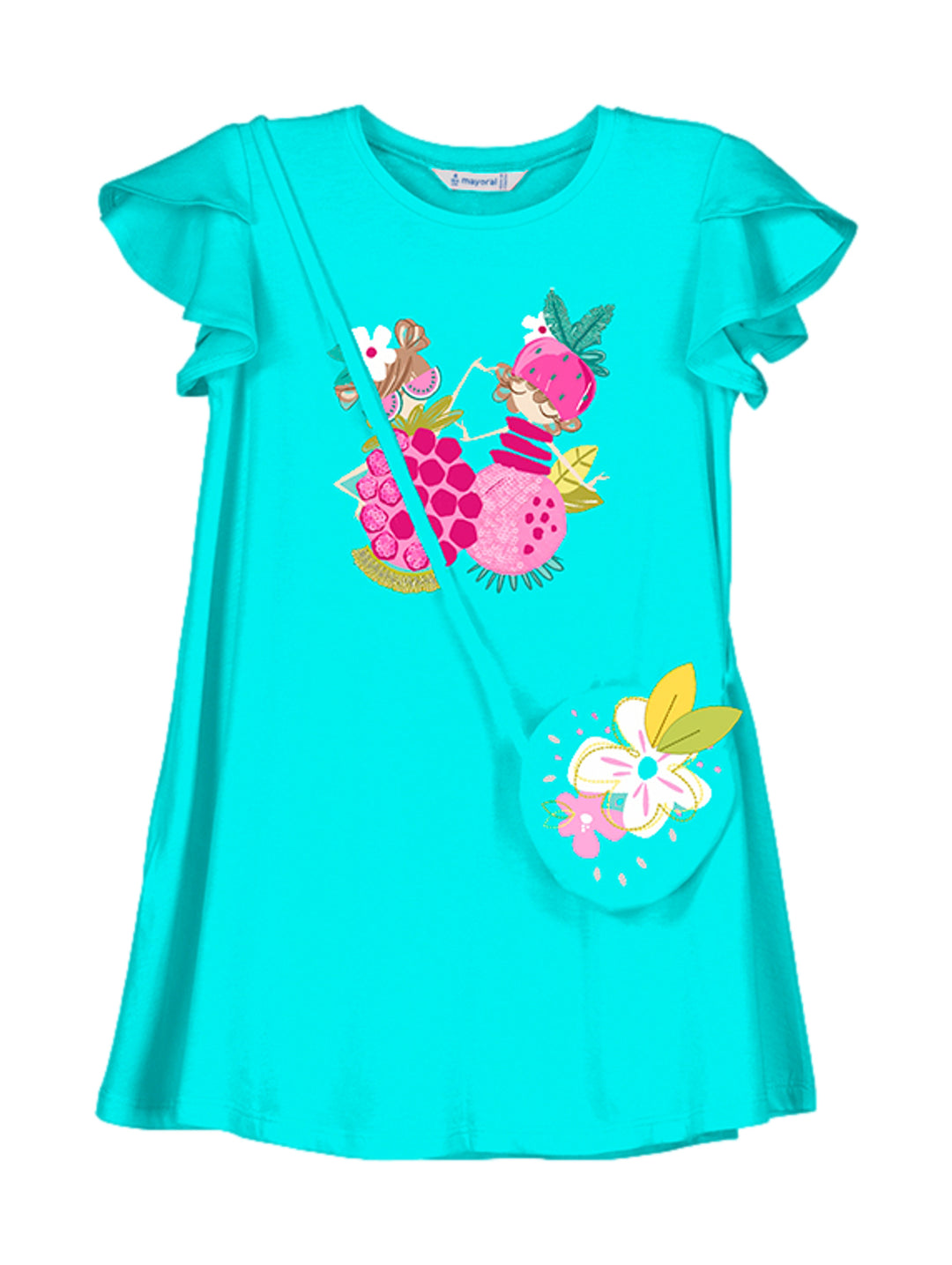 Vestido color jade para niña con estampado colorido y bolso cruzado a juego.