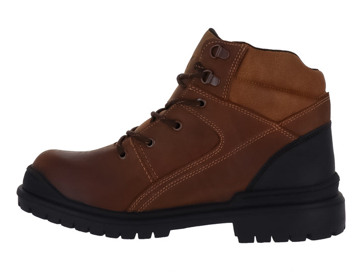 Botas color miel con detalles en negro y suela gruesa dentada para hombre.