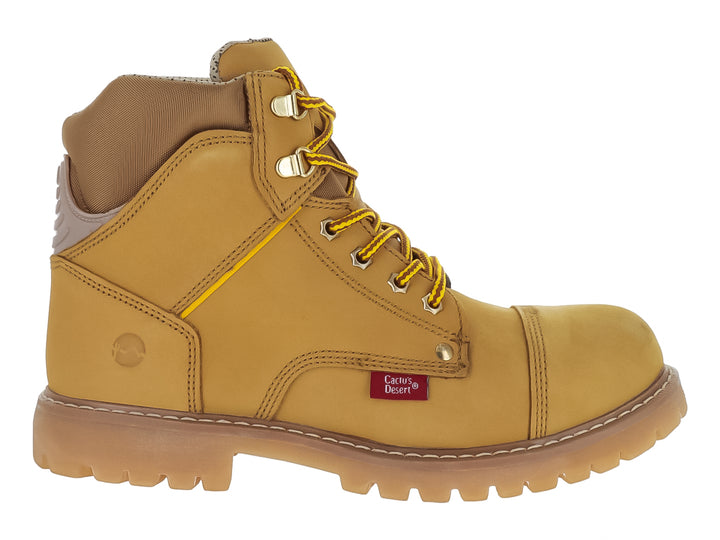 Bota de seguridad Cactus color amarillo en cuero nubuck con suela gruesa y casco de acero.