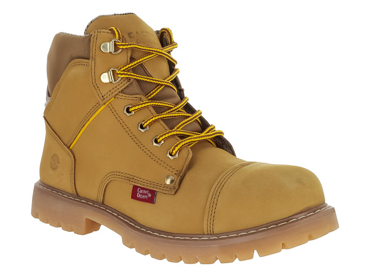 Bota de seguridad Cactus color amarillo en cuero nubuck con suela gruesa y casco de acero.