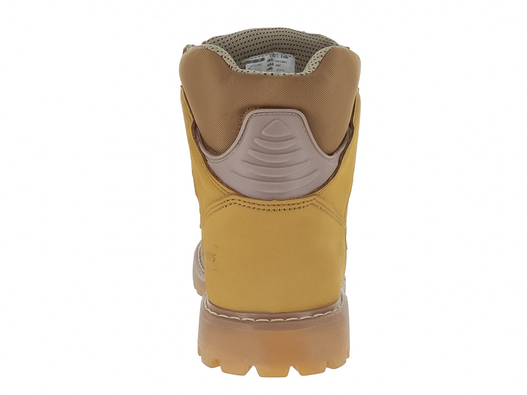 Bota de seguridad Cactus color amarillo en cuero nubuck con suela gruesa y casco de acero.