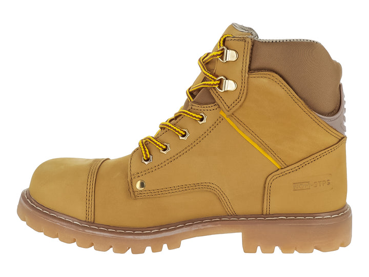 Bota de seguridad Cactus color amarillo en cuero nubuck con suela gruesa y casco de acero.