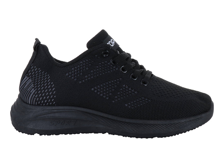 Tenis deportivos color negro con tejido transpirable y suela sintética.