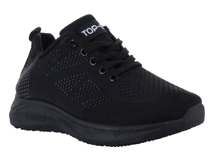 Tenis deportivos color negro con tejido transpirable y suela sintética.